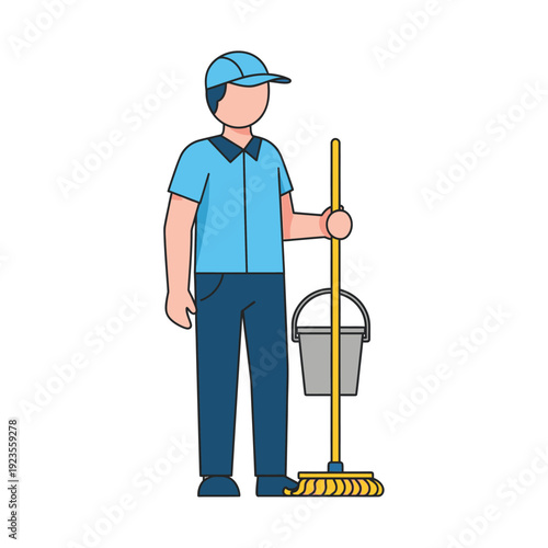 Professional cleaner with mop and bucket, ready for work, uniform, janitor service, cleaning supplies