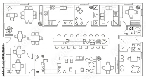 Detailed office floor plan showcasing various workstations and meeting areas for collaboration.