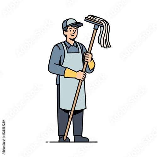 Professional cleaner with mop, ready for work, wearing uniform and apron