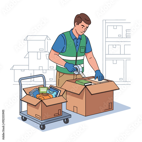 Warehouse worker packing boxes with tape dispenser, logistics and delivery concept