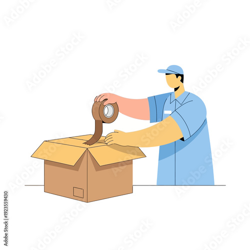 Delivery man sealing a cardboard box with packing tape, preparing for shipment