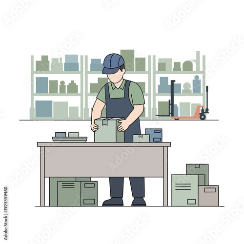 Warehouse worker packing boxes on table, shelves and forklift in background