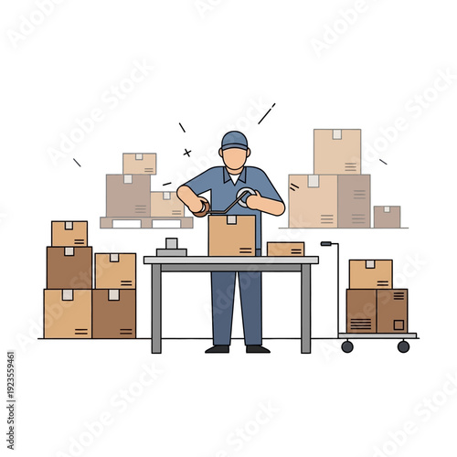 Warehouse worker packing boxes on a table with a tape dispenser, surrounded by stacks of parcels.
