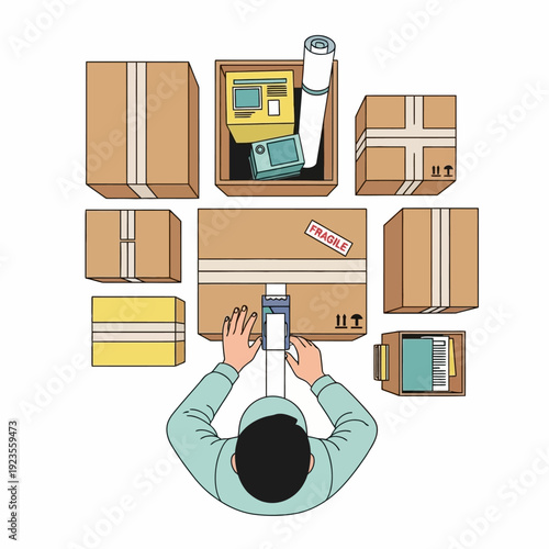 Logistics worker packing boxes with fragile items for shipping, top view