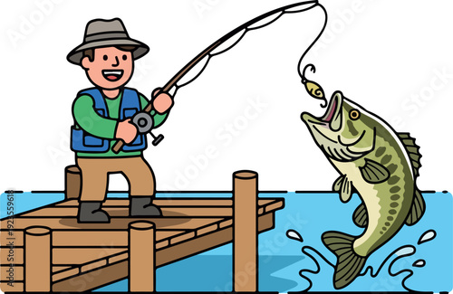 Boy Fishing on Dock Isolated on Transparent Background Flat 2D Vector