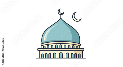 Islamic Mosque Dome with Crescent Moon Icon, Flat Design, Isolated on White