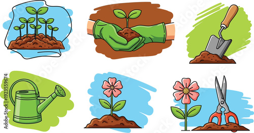 Collection of six adorable cartoon icons illustrating various stages and tools associated with the essential process of gardening and plant cultivation