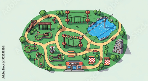 Detailed illustration of a park with various recreational activities and structures for enjoyment.