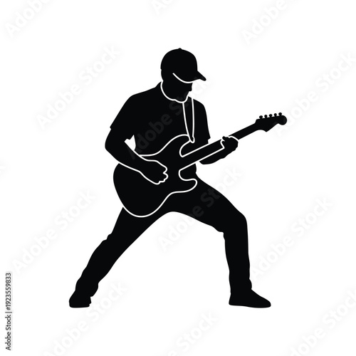 Silhouette of a Guitarist in Action: A dynamic silhouette of a guitarist passionately immersed in playing an electric guitar, capturing the essence of music and performance.
