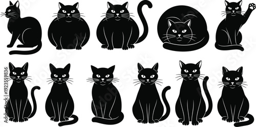 Black cat silhouette icon set with various poses of sitting fat and fluffy domestic cats cad drawing flat vector illustration medical icon, animal