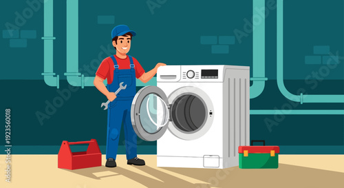 Cartoon plumber standing next to a washing machine with tools in an industrial setting.