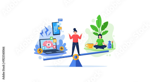 Work-Life Balance Concept: Balancing Technology, Career, AI Productivity, and Mental Wellness with Meditation and Nature