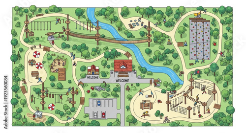 Aerial view of an adventure park with various recreational activities and structures.