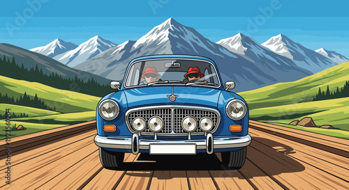 Illustration of a blue vintage car driving on a railroad track with a stunning mountain landscape in the background.