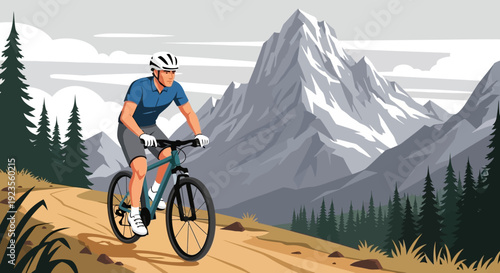 Illustration of a cyclist riding a mountain bike on a dirt trail with a scenic mountain landscape in the background.