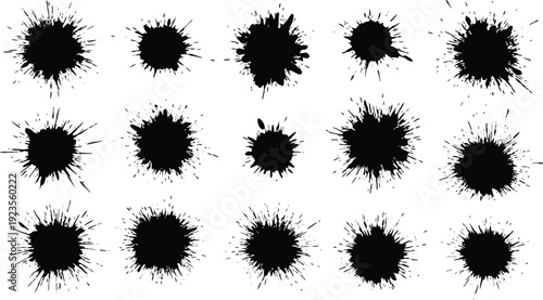 Collection of fifteen black ink splatter brush strokes isolated on a white background showcasing dynamic artistic textures and messy abstract impacts