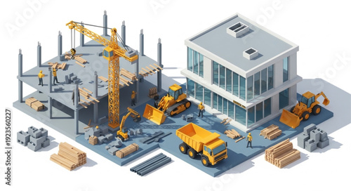 Construction Site with Building and Equipment.