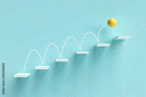 Slika na platnu Yellow ball bouncing up steps reaching goals