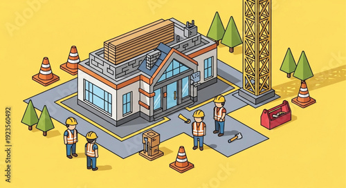 Construction Site with Building and Workers.