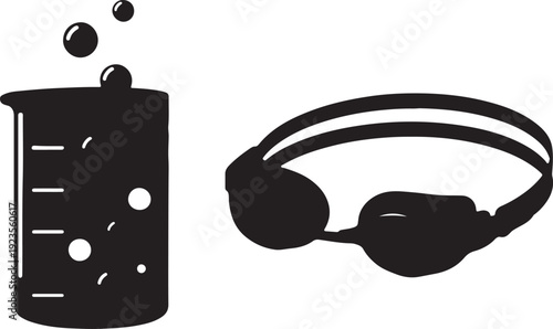 Flat vector illustration of beaker with bubbles, swimming goggles silhouette, science and sports concept, safety equipment, minimal black design artwork