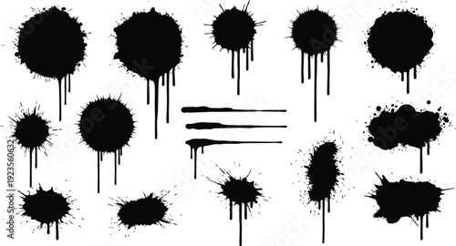Collection of various black ink splatter and dripping paint brush stroke vector elements isolated on a clean white background for graphic design use