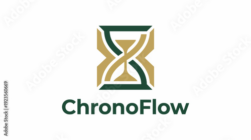 This logo design incorporates an hourglass symbol, representing the flow of time uniquely, characterized by shapes and colors that suggest stability and modern minimalism.