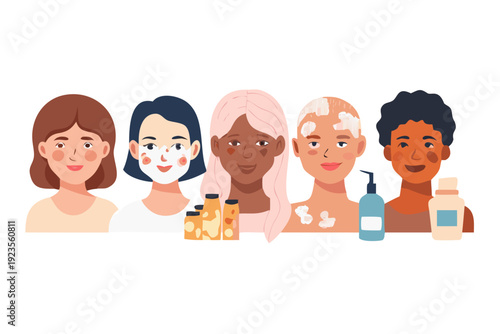 Vector set of skin products with diverse models (different ages, skin tones, vitiligo, and scars), celebrating authentic beauty.