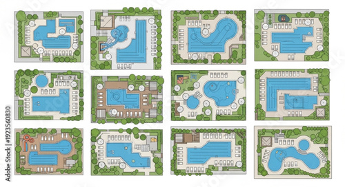 Aerial view of various swimming pools with different shapes and designs.
