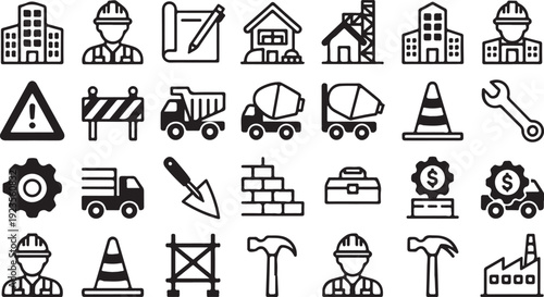 Flat vector illustration of construction icons grid, worker, building, tools, vehicles, safety equipment, industrial design, minimal black artwork collection