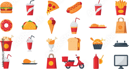 Fast food and delivery flat icon collection. Includes burger, soda, pizza, hot dog, french fries, donut, taco, ice cream, milkshake, fried chicken, sandwich, cupcake, paper bag