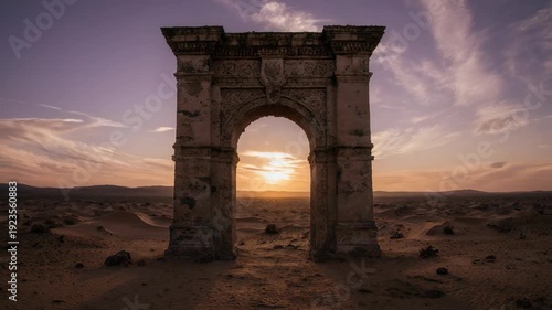 Ancient Archway at Sunset in Desert Landscape.
