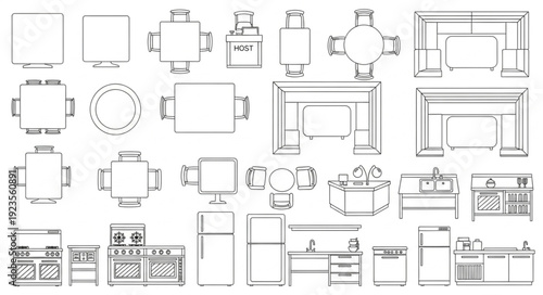 Detailed architectural blueprint showcasing various furniture and kitchen elements for interior design.