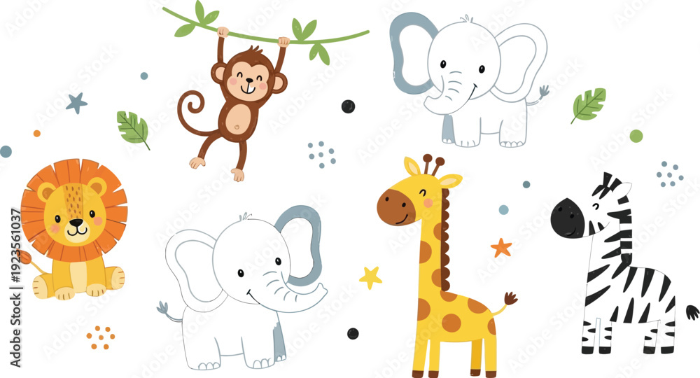 Naklejka premium Collection of charming and adorable baby safari animals including a monkey, lion, giraffe, zebra, and two elephants perfect for nursery decor illustrations.