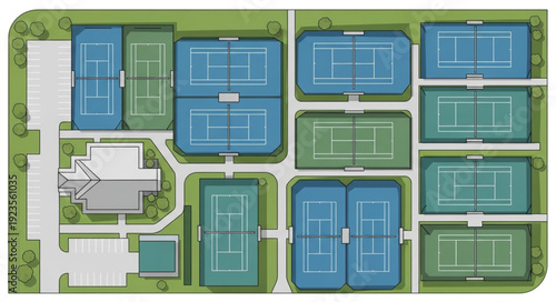 Aerial view of a tennis court complex with multiple playing surfaces and surrounding infrastructure.