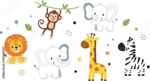 Collection of charming and adorable baby safari animals including a monkey, lion, giraffe, zebra, and two elephants perfect for nursery decor illustrations.