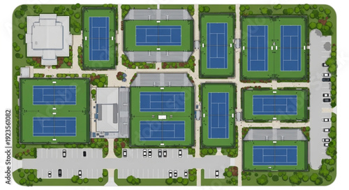Aerial view of a tennis complex with multiple courts and facilities for sports.