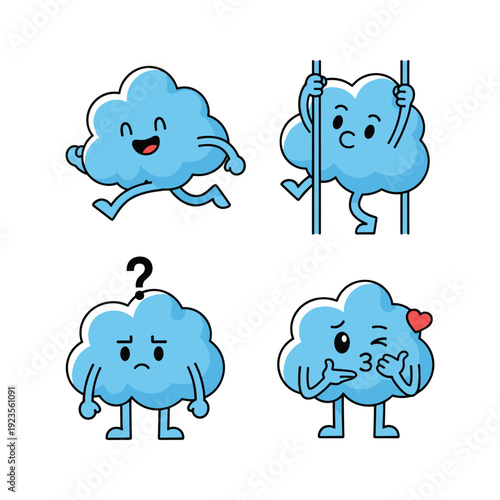 Cartoon cloud characters showing different emotions on white background