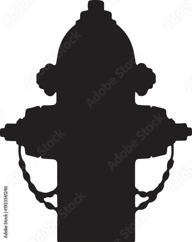 Flat vector illustration of fire hydrant silhouette, urban infrastructure, emergency water supply, firefighting equipment, safety icon, minimal black design