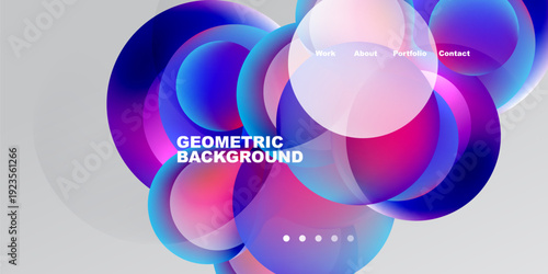 Abstract colorful circles overlap, creating dynamic visual effect. Text labels present work, about, portfolio, contact options. Gradient background enhances design.