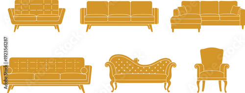 Modern and Classic Sofa Collection Silhouettes in Minimal Flat Design Isolated Furniture Set for Interior Decoration Projects