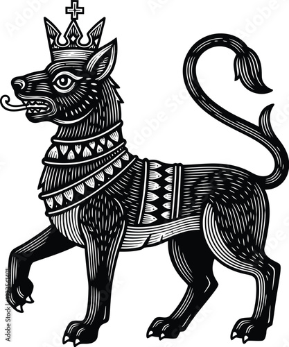 Vintage black and white woodcut style illustration depicting a majestic crowned mythological beast symbolizing historical heraldry and regal authority in graphic art.