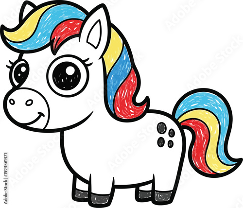 Adorable cartoon baby unicorn with colorful mane and tail is drawn in a simple childlike style perfect for coloring pages or early education materials