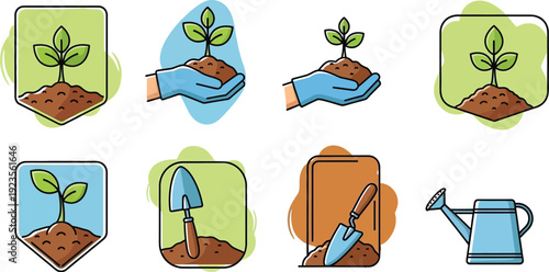 Collection of charming line art icons illustrating various stages of gardening planting small seedlings and essential cultivation tools for nature lovers