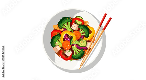 Flat lay illustration of a plate of stir-fry with chopsticks on a white background