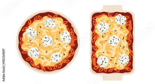 Illustration of round and rectangular pizzas with melted cheese and toppings on a white background
