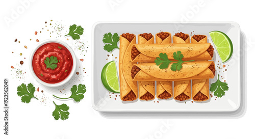 Flat lay of crispy tacos on a plate with salsa and lime on a white background