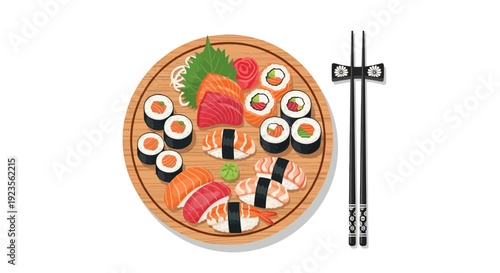 Illustration of assorted sushi on a plate with chopsticks on a white background.