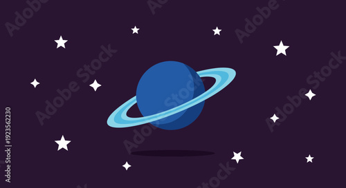 Blue planet with ring in the dark space with stars.