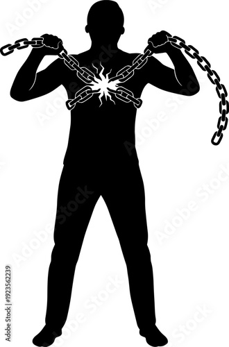 Full Body Man Silhouette Breaking Chains Symbolizing Freedom, Strength, Resilience and Overcoming Mental Health Struggles Concept Illustration