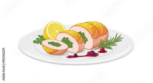 Illustration of stuffed chicken breast slices on a plate with lemon, herbs and cranberry sauce.